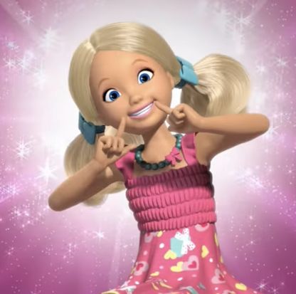 a cartoon girl with blonde hair wearing a pink dress and holding her finger up to the side