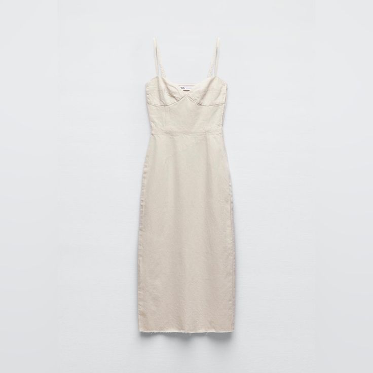 Zara Nwt Cute Strappy Corset Demin Midi Dress Cream Color Xs Size Elegant Zara Midi Dress With Straight Neckline, Fitted Linen Midi Dress For Party, Fitted Linen Slip Dress For Spring, Zara Sheath Midi Dress For Summer, Zara Summer Midi Dress With Straight Neckline, Zara Linen Midi Dress For Summer, Zara Linen Dress For Day Out, Spring Linen Midi Dress For Date Night, Beige Sheath Dress For Summer