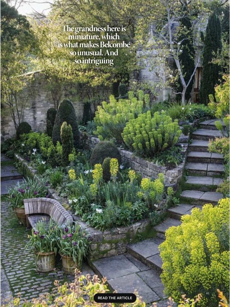 an outdoor garden with steps leading up to it