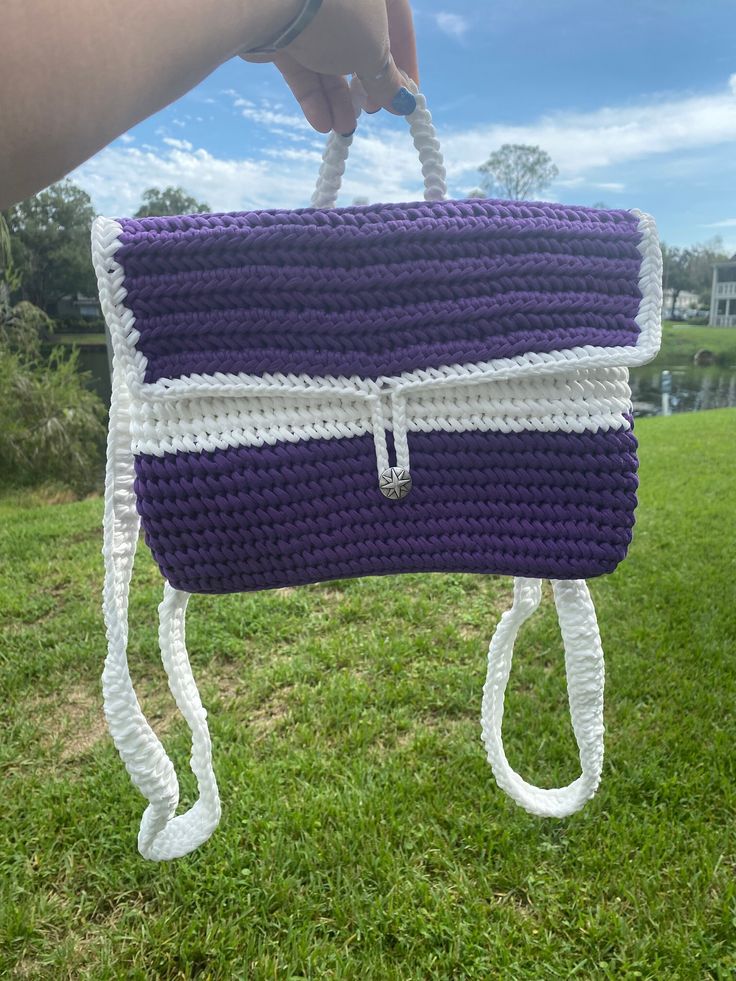 Handmade Crochet Bookbag backpack that converts into an over-the-shoulder messenger style bag. 12 1/2 x 10 inches. Crochet Bookbag, Purple Crochet, Chill Pill, Tampa Fl, Bag Holder, Backpack Purse, Handmade Crochet, Tampa, Messenger Bag