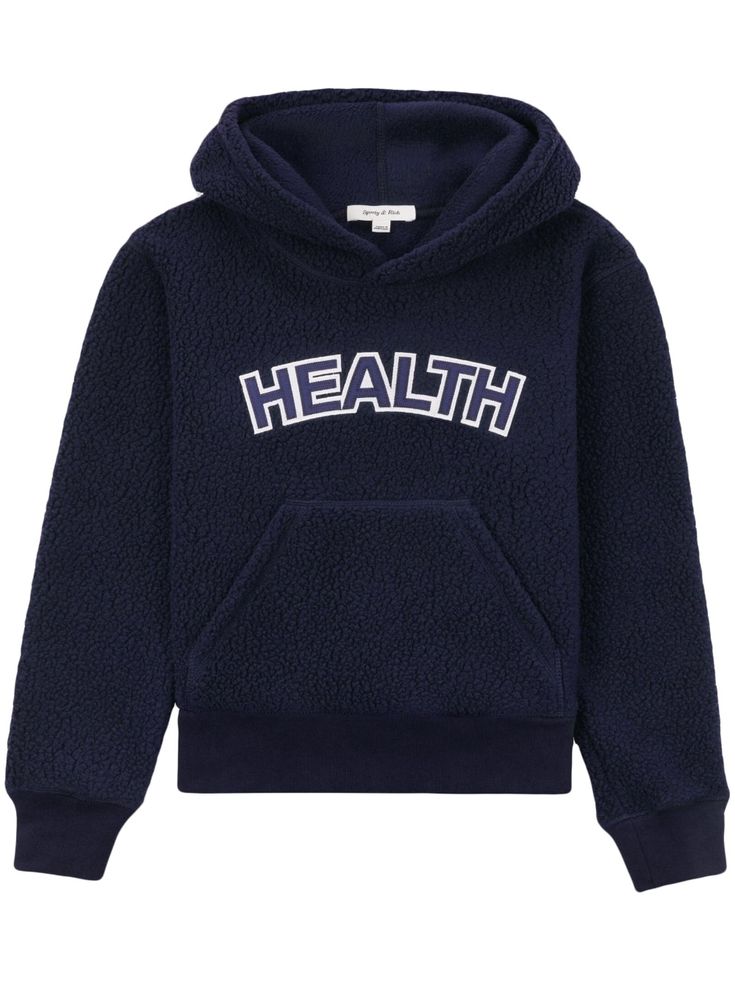 midnight blue fleece texture embroidered slogan classic hood long sleeves straight hem ribbed cuffs and hem front pouch pocket When buying this unisex item, keep in mind that it is graded in standard men's sizing. Sporty And Rich, Fleece Hoodie, Active Wear For Women, Keep In Mind, Midnight Blue, Pocket Pouch, Knitwear, Active Wear, Pouch