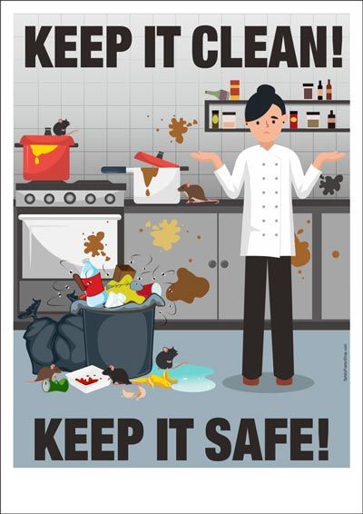 Food Safety Posters | Safety Poster Shop Keep It Clean Poster, Safety In The Kitchen, Kitchen Safety Poster Drawing, Food Hygiene Posters, Haccp Posters, Kitchen Safety Posters, Food Safety And Hygiene Posters, Safety And Sanitation In The Kitchen, Kitchen Hazards