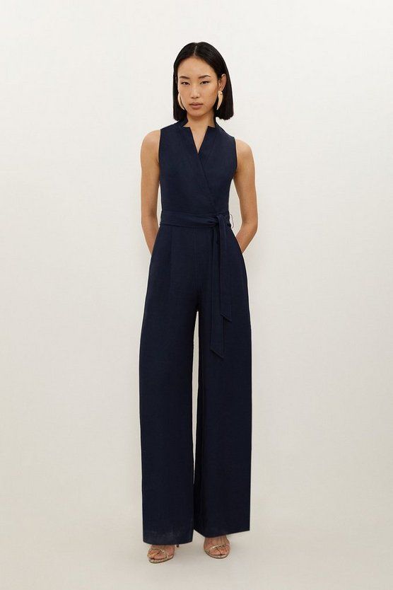 Premium Tailored Linen Notch Neck Belted Straight Leg Jumpsuit | Karen Millen Donna From Suits Dresses, Formal Outfits For Masc Women, Interesting Work Outfits, Linen Work Outfit, Elegant Jumpsuit Classy, Wedding Guest Jumpsuit, Workwear Jumpsuit, Law Fashion, Corporate Outfit