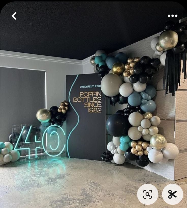 a room with balloons and numbers on the wall