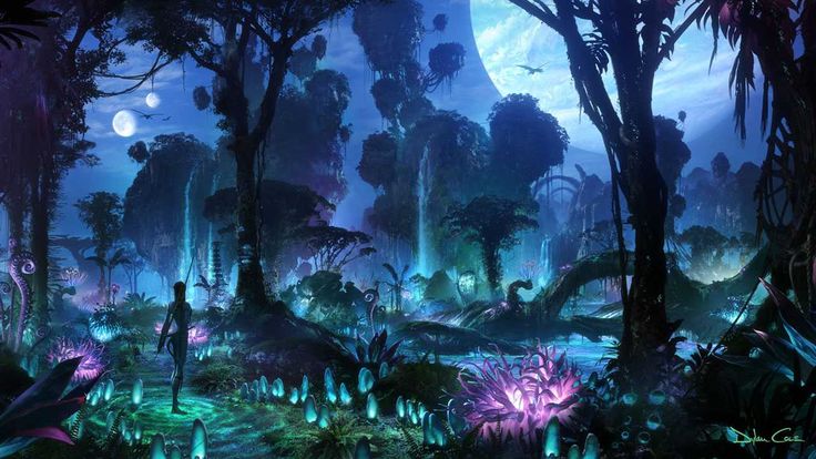 an artist's rendering of a forest at night