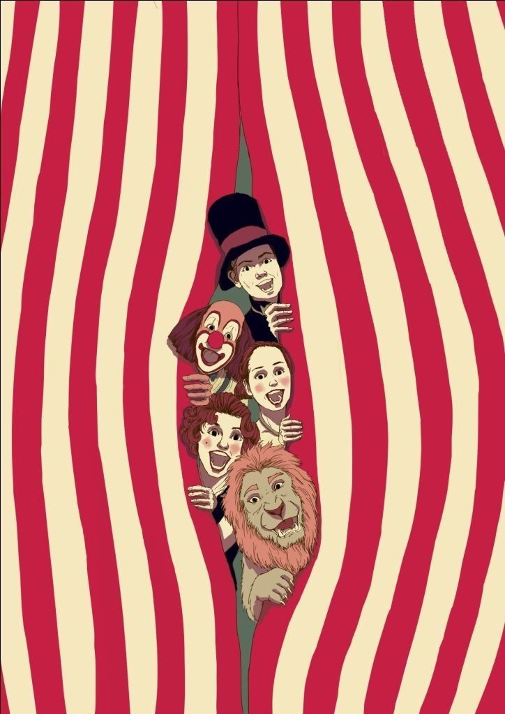 an image of clowns peeking out from the bottom of a red and white striped curtain