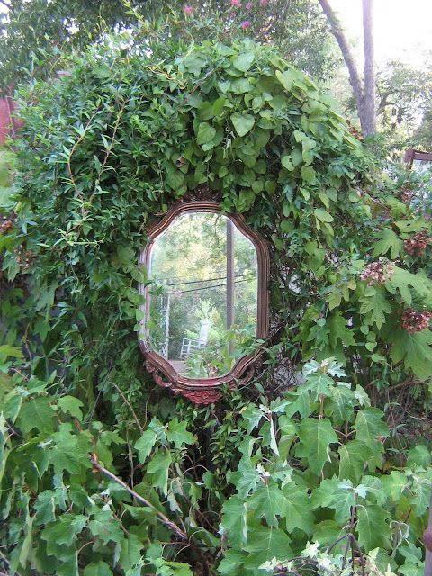 a mirror is surrounded by green leaves and vines