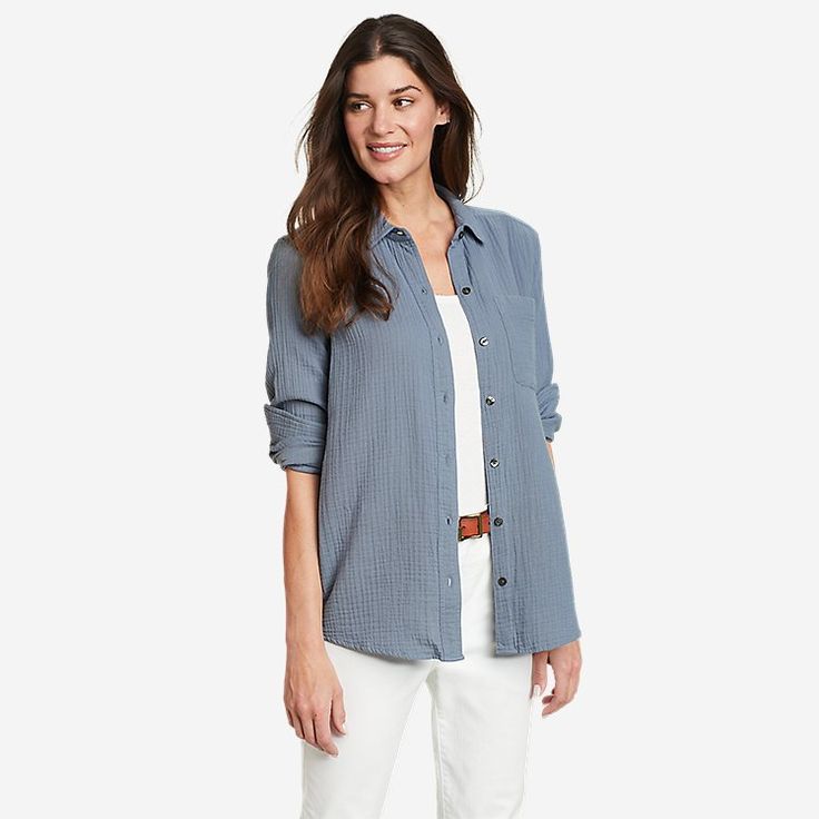 Women's Carry-on Button-down Shirt | Eddie Bauer Casual Long Sleeve Camp Shirt With Button Closure, Relaxed Button-up Shirt For Casual Gatherings, Casual Relaxed Fit Camp Shirt For Daywear, Casual Cotton Camp Shirt For Daywear, Cotton Button-up Camp Shirt For Daywear, Cotton Camp Shirt Button-up, Casual Tops With Placket For Daywear, Relaxed Fit Button-up Camp Shirt For Daywear, Casual Roll-up Sleeve Tops For Daywear