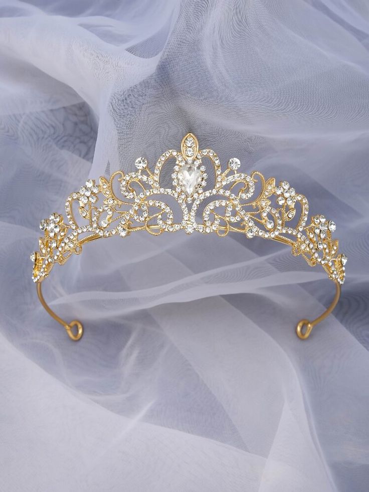 Free Returns ✓ Free Shipping✓. Rhinestone Decor Crown Design Golden Glitter Elegant Bridal Headband Royal Tiaras- Bridal Headwear at SHEIN. Gold Tiara Aesthetic, Gold Tiara Quinceanera, Royalty Aesthetic Crown, Wedding Tiara Gold, Wedding Crown Gold, Wedding Veil With Crown, Quince Crowns Gold, Gold Crown Quinceanera, Quinceanera Crowns Gold