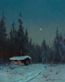 an oil painting of a cabin in the woods at night with snow on the ground