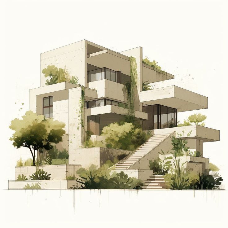 an architectural drawing of a house with stairs and trees