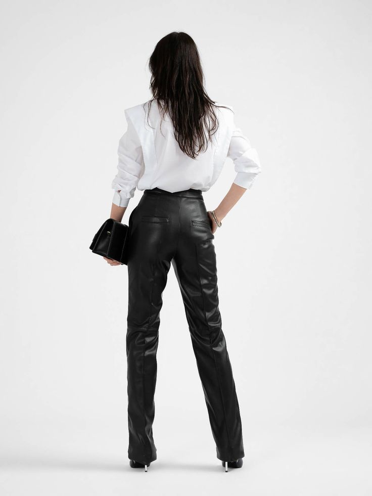 HANNAH Vegan Leather Straight Leg Trousers Vegan leather trousers Zipper fly front closure High-waisted Side pockets Straight leg fit Partially lined Our model is 178cm tall and is wearing size XSComposition: Exterior: 50% Polyurethane 50% Polyester / Lining: 100% ViscoseCare information Machine wash max. 30°C, delicate Do not bleach Do not tumble dry Ironing at max. 100°C Dry clean any solvent except trichloroethylene SIZE GUIDE This table offers an approximate conversion of the size you find o Braids With Curls, Straight Trousers, Leather Trousers, Straight Leg Trousers, Body Measurements, Vegan Leather, Favorite Outfit, Leather Pants, Straight Leg