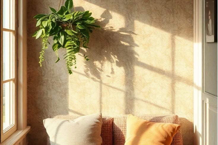 Hanging plant casting shadow on a sunlit wall above a couch with orange and beige pillows. Top Wallpaper, Modern Wallpaper Designs, Latest Wallpaper, By Wallpaper, Tøp Wallpaper, Trending Paint Colors, 80s Design, Modern Color Palette, Cottage Core Aesthetic