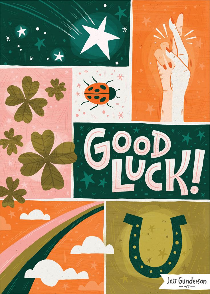 a poster with the words good luck written on it and images of clovers, flowers, stars