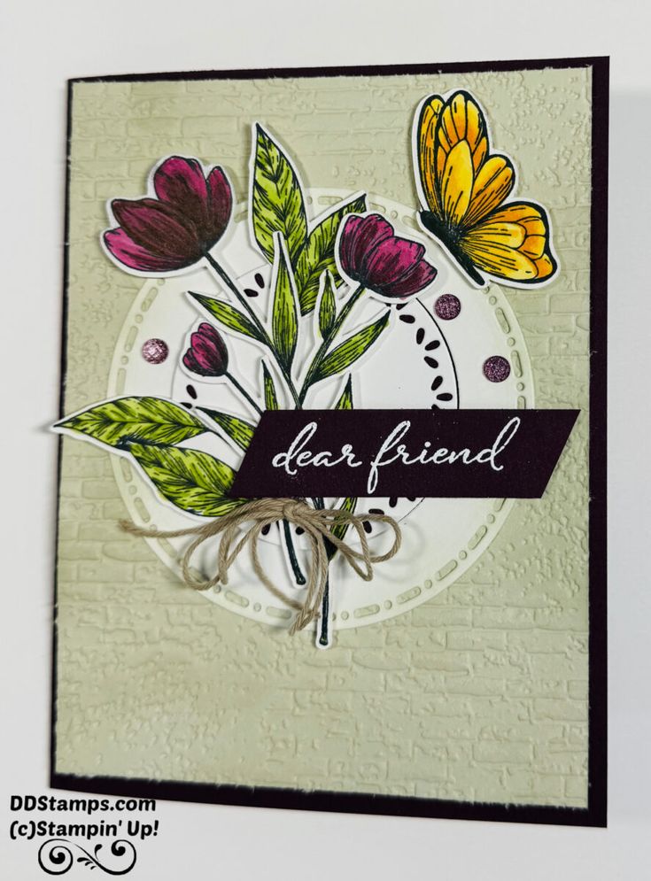 a close up of a card with flowers on it and the words dear friend written in black