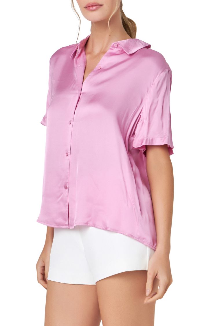 Fall for the soft look and feel of this short-sleeve shirt crafted from rich satin. Spread collar Short sleeves 56% viscose, 44% rayon Dry clean Imported Solid Color Silk Button-up Tops, Plain Silk Button-up Tops, Elegant Collared Rayon Blouse, Spring Satin Short Sleeve Tops, Satin Button-up Tops For Daywear, Elegant Rayon Shirt For Spring, Chic Rayon Tops With Shirttail Hem, Elegant Rayon Button-up Shirt, Casual Satin Blouse For Summer