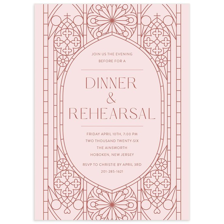 a pink wedding card with the words dinner and rereasal on it in an ornate frame