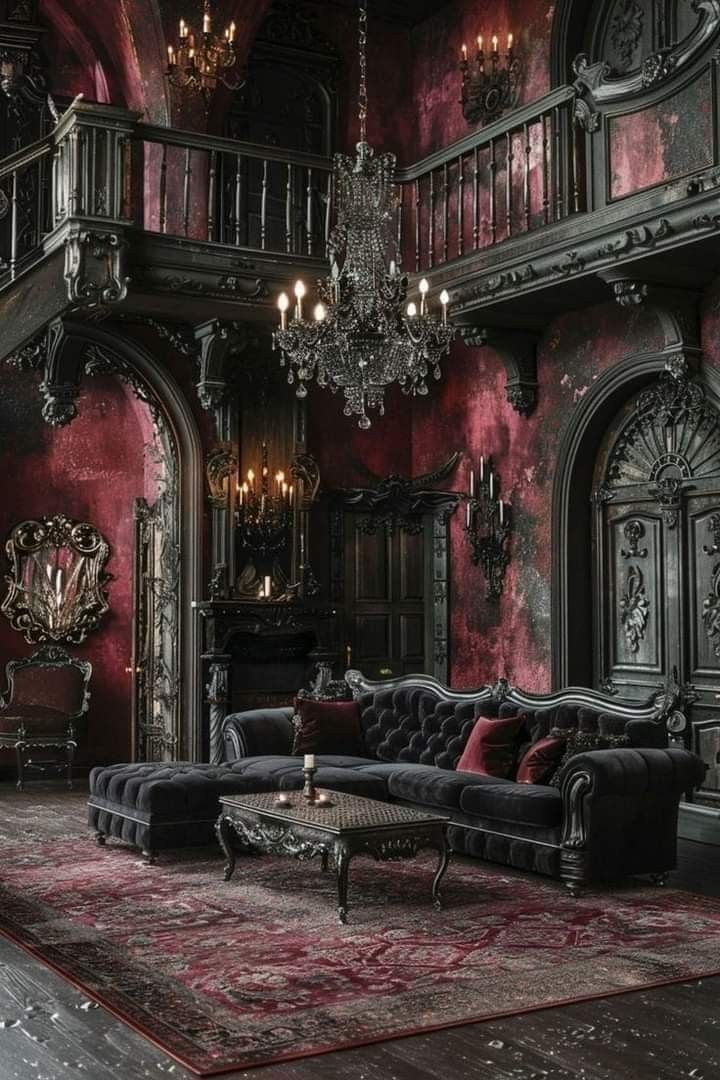 an ornate living room with chandelier and couches