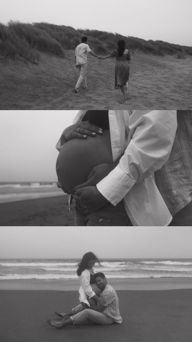 black and white photos of people on the beach with one person holding his pregnant belly