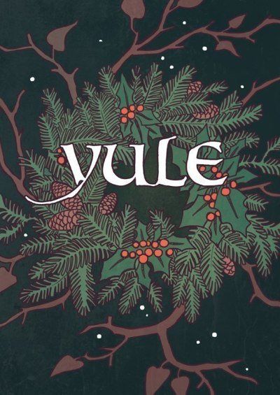 a christmas card with the word yule written in white and surrounded by evergreen branches