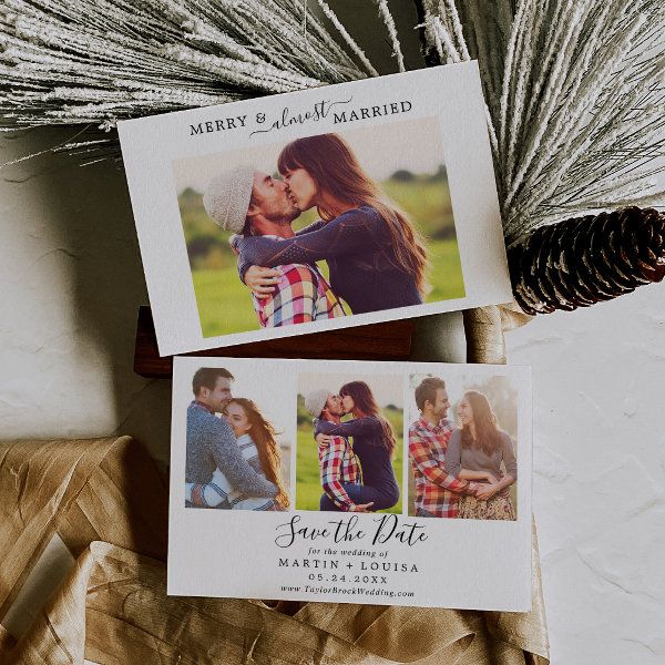 wedding save the dates cards with pine cones and silver tinsel on display next to each other