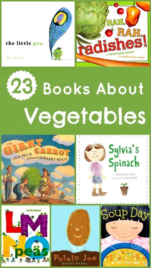 two children's books about vegetables with the title, 25 great books about vegetables