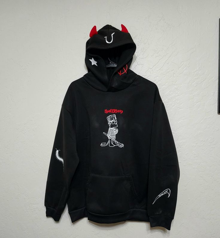 Lil Peep - Hellboy devil horn hoodie  Custom made by me with HTV on a poly-cotton blended fabric hoodie  Sizes S-XXL available. It does run a tad on the smaller side, so please keep this in mind when placing your order. I highly recommend sizing up 🙂*  Care instructions: Machine Wash Cold, Tumble Dry (inside out) on low setting  This product does typically take me a little longer to make, so please allow at least 10 business days from date of purchase for it to ship out🙏 Feel free to check out my page for more fun handmade GBC and Lil Peep products! Fan Apparel Sweatshirt With Kangaroo Pocket For Streetwear, Streetwear Sweatshirt With Kangaroo Pocket, Hip Hop Halloween Hoodie With Graphic Print, Band Merch Hoodie For Halloween Streetwear, Halloween Band Merch Hoodie For Streetwear, Black Cartoon Print Sweatshirt For Streetwear, Black Cartoon Print Sweatshirt Streetwear, Fan Merchandise Graphic Print Hoodie, Hooded Cartoon Print Sweatshirt For Streetwear