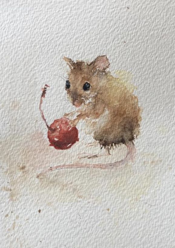 a watercolor painting of a mouse holding an apple