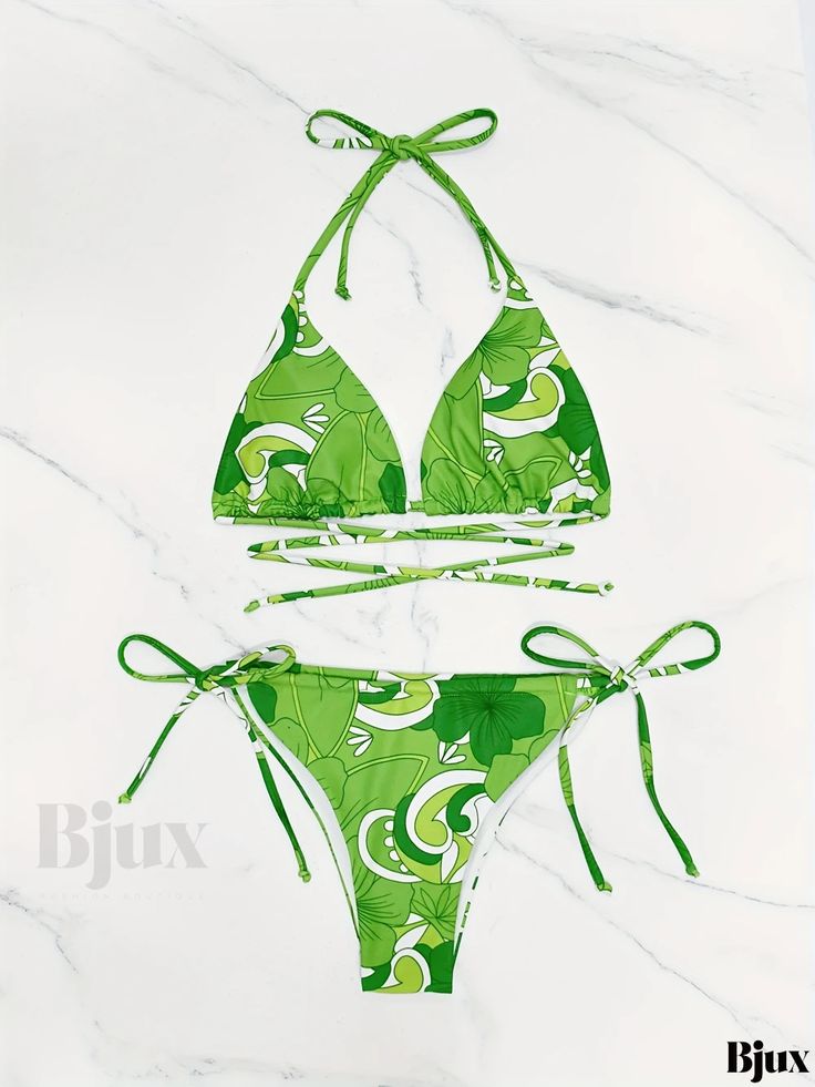 Bjux - Womens Leaf Print 3-Piece Swimsuit Set: Criss Cross Bikini, Drawstring Cut Out Long Sleeve Cover Up, and Tie Back Halter Tie Side Bottoms - Includes Stylish Swimwear and Clothing Green Halter Neck Swimwear For Festivals, Festival Green Printed Swimwear, Trendy Green Adjustable Swimwear, Green Tropical Beach Sets, Tropical Green Beach Sets, Fitted Beach Sets With Triangle Top, Fitted Halter Neck Beach Set, Fitted Green Summer Sets, Green Fitted Sets For Vacation