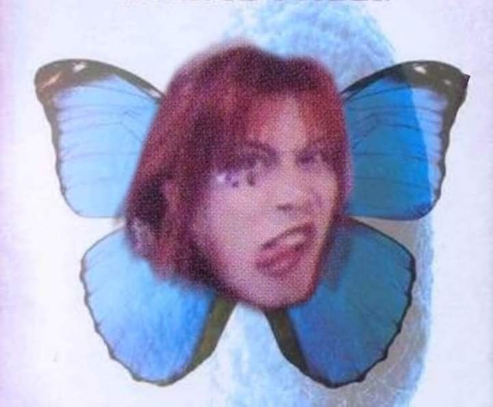 a blue butterfly on the back of a woman's face