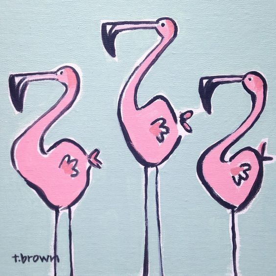 three pink flamingos standing next to each other on a blue background with the words b & w