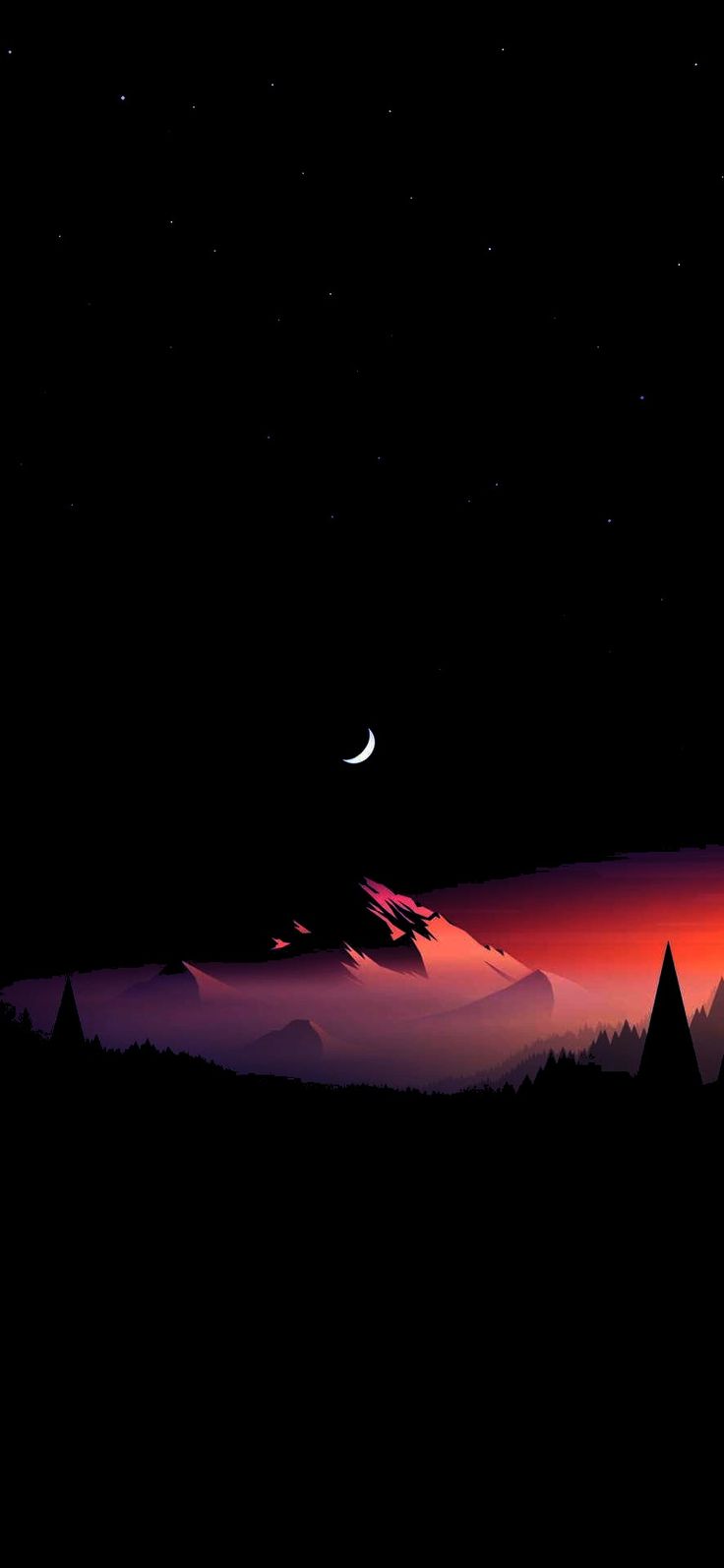 the night sky is lit up with pink and purple hues, as well as mountains