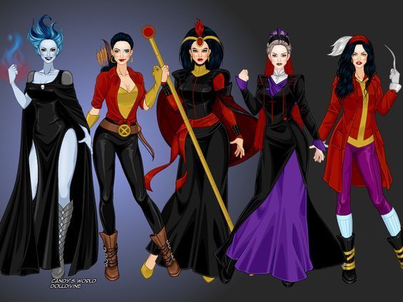 three women dressed in costumes from disney's maleficents, one with blue hair and the other wearing red