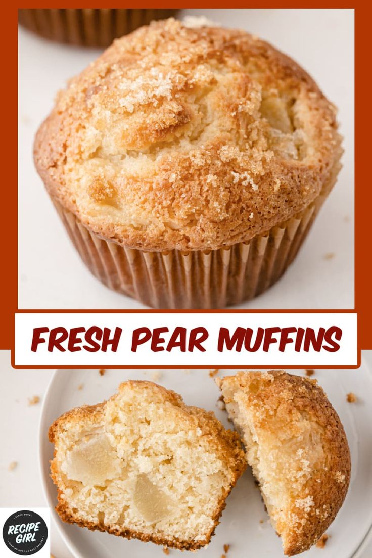 fresh pear muffins on a white plate with the words fresh pear muffins