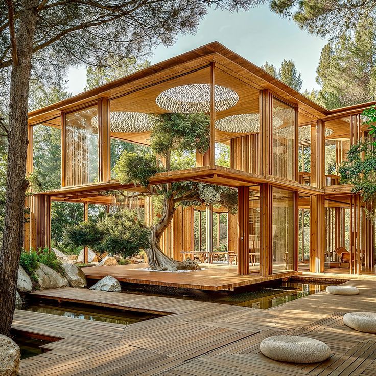 a wooden house surrounded by trees and rocks