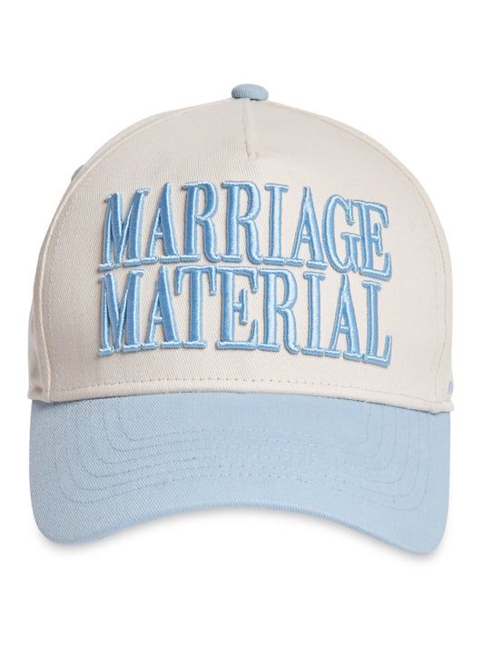 a white and blue hat with the words marriage material printed in light blue on it