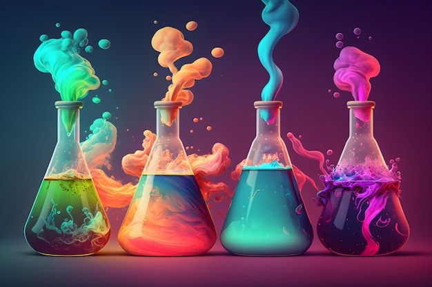 colorful liquid pouring into beakles in different colors