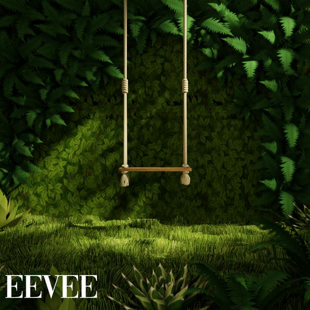 a swing in the middle of a lush green forest with ferns growing on the wall