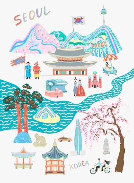 Seoul lovely travel card design sights a... | Premium Vector #Freepik #vector #background #card #travel #design Korean Illustration, Travel Card, Art Exhibits, Korean Design, Flat Vector Illustration, 카드 디자인, Travel Sketches, Travel Cards, City Illustration