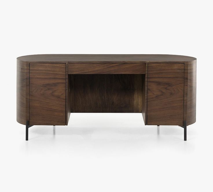 an oval shaped wooden desk with black legs and a dark wood finish on the top