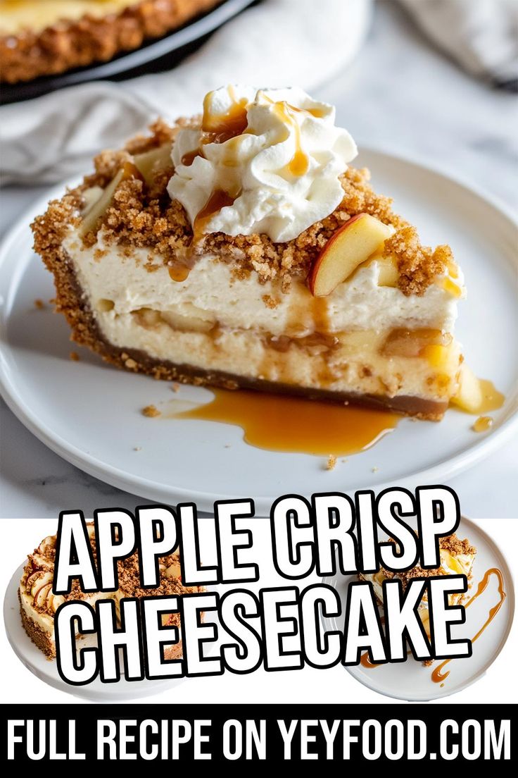 an apple crisp cheesecake on a white plate