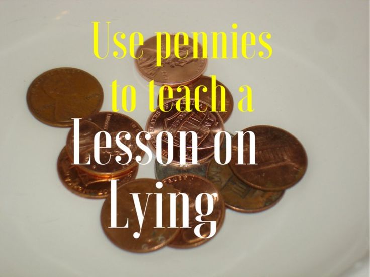 a white plate topped with lots of different types of pennets and coins next to the words use pennies to teach a lesson on lying