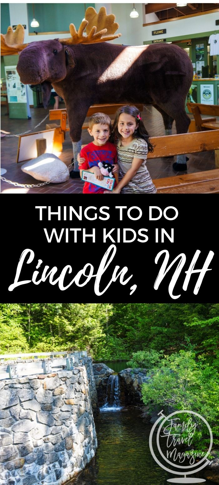 two children are sitting on a bench in front of a moose statue and the words things to do with kids in lincoln, n h