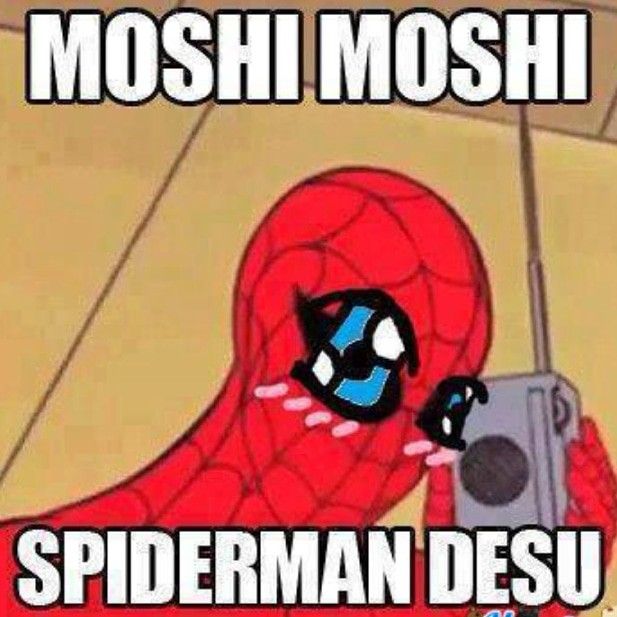 a cartoon character holding a cell phone with the caption moshi moshi spiderman desu