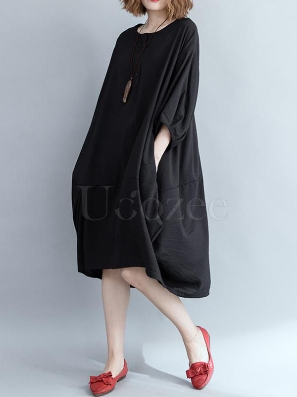 Sku CY-!32370 Material >70%Cotton Style Loose Feature Solid Occasion Going out , Casual , Vacation , Vintage Neckline Round-neck Seasons Spring , Autumn Type Midi Dresses Color BLACK Size FREE SIZE Size chart: Please consult the size chart we provide for this item's measurements to help you decide which size to buy. Please note: There may be 1-3cm differ due to manual measurement. CMINCH Bust Shoulder Sleeve Length FREE SIZE 136 57 31 111 Black Long Sleeve Midi Dress Relaxed Fit, Black Long Sleeve Midi Dress In Relaxed Fit, Black Relaxed Fit Midi Dress With Long Sleeves, Black Short Sleeve Relaxed Midi Dress, Black Relaxed Fit Short Sleeve Midi Dress, Black Relaxed Fit Midi Dress For Fall, Black Oversized Midi Dress With Short Sleeves, Black Relaxed Fit Midi Dress For Summer, Oversized Black Cotton Dress