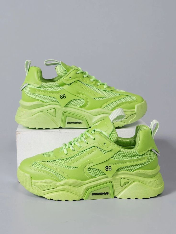 Lace-up Front Mesh Panel Chunky Sneakers | SHEIN USA Bright Green Shoes, Lime Green Sneakers, Lime Green Outfits, Lime Green Shoes, 2024 Aesthetic, Women Platform Sneakers, Fashion Things, Chunky Shoes, Green Sneakers