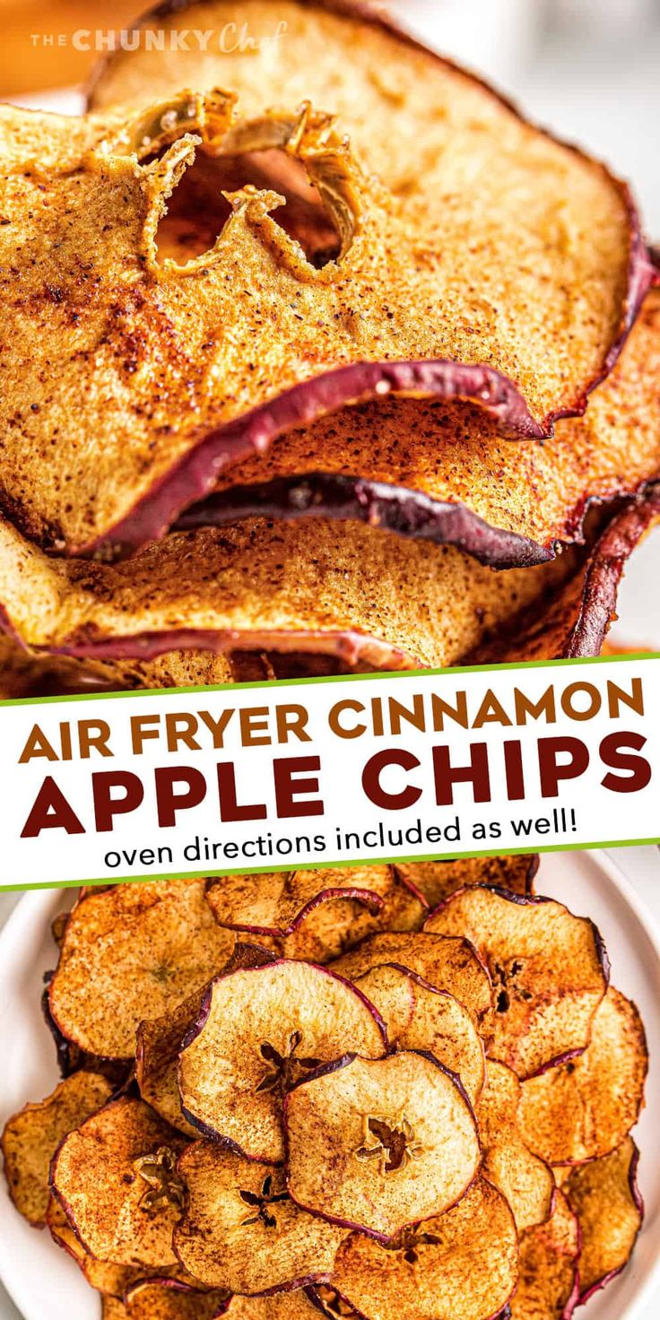 an image of air fryer cinnamon apple chips on a plate with the title above it