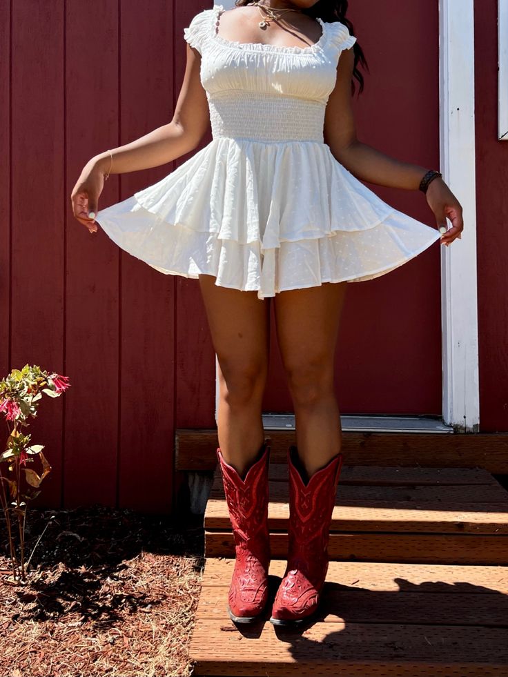 Short Country Dresses, Coastal Cowgirl White Dress, White Dress With Boots Cowgirl, Hoco Dress With Cowgirl Boots, Summer Dress And Cowboy Boots, Rodeo Outfits Dress, Short Dress With Cowboy Boots, White Cowgirl Dress, White Dress With Cowboy Boots