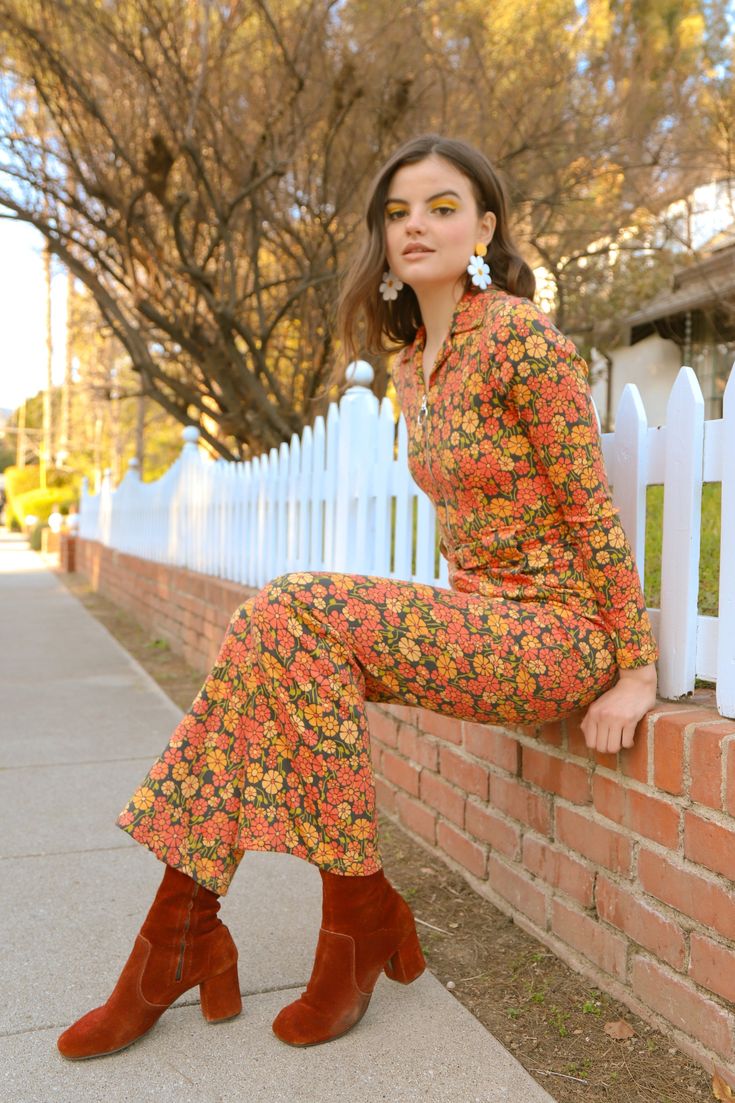 Marigold Print, Miracle Eye, Flower Jumpsuit, Classy Cowgirl, Suede Mini Dress, 70s Clothing, 70s Inspired Fashion, 70s Outfits, Lace Jumpsuit