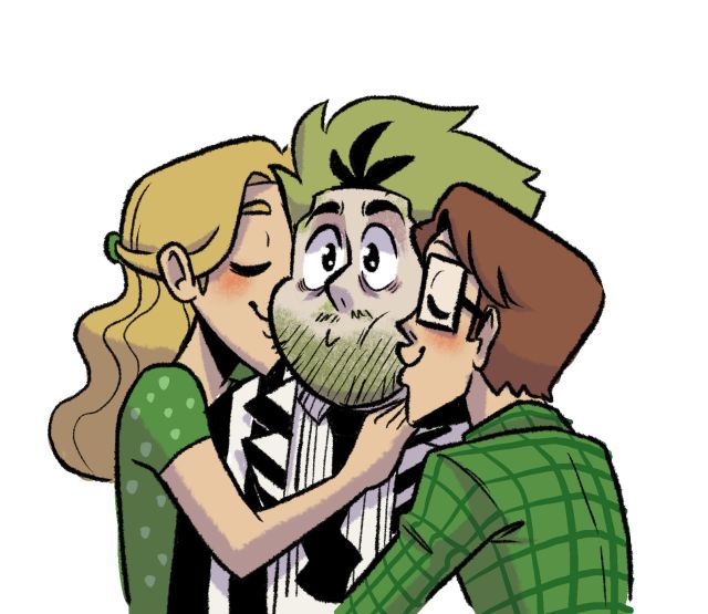 two people are hugging each other while one is wearing a green shirt and black and white checkered shirt